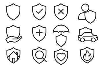 Insurance protection vector line icon set. Shield signs for safety, security, guarantee. Car, home, life, health, fire, risk management concepts. Outline icons for web and apps.