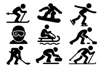 Obraz premium Winter sports icons collection. Vector symbols set. Black silhouette pictograms. Skiing, snowboarding, ice skating, hockey, curling, luge, sledding. Athlete characters.