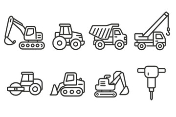 Construction machinery line icon set. Heavy equipment and tools outline collection. Vector excavator, bulldozer, dump truck, crane for building industry. Digging vehicle symbols.