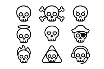 Skull thin line icon set. Collection of skeleton head symbols. Vector outline signs for death, danger, pirate, love, warning, gamer. Graphic design elements for web, app, print.