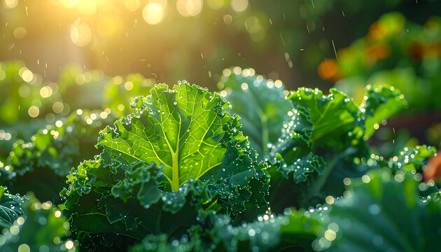 Kale Greens Bathed in Morning Sunlight, a Fresh and Healthy Start to the Day