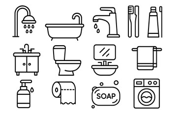 Bathroom line icon set. Home hygiene and washing outline icons. Vector illustration collection of restroom furniture, toilet, shower, bath, sink, soap and toothbrush symbols.