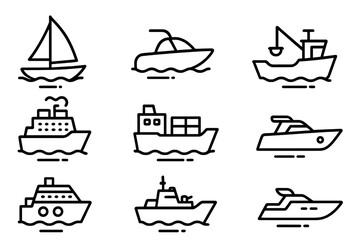 Ship line icon set. Sea and ocean transportation outline symbols. Vector collection of boat, yacht, sailboat, cruise liner, cargo ship, ferry, and fishing trawler signs.
