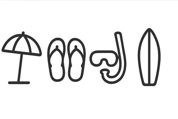 Obraz premium Minimalist beach icons set with umbrella, flip flops, snorkel, and surfboard. Simple line art vector illustration. Concept for summer vacation, travel, and seaside recreation.