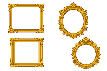 Gold frame set. Golden vintage baroque mirror or picture frames. Elegant decorative classic borders. Ornate oval & rectangle luxury design elements. Vector illustration isolated.