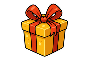 Yellow gift box with red ribbon bow. Vector cartoon illustration for celebration, birthday, Christmas, or anniversary. Present surprise concept for holiday greeting design.