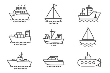 Ship and boat thin line icon set. Sea transport outline symbols. Marine collection for web design. Vector icons of cruise ship, sailboat, cargo, fishing boat, submarine, yacht.