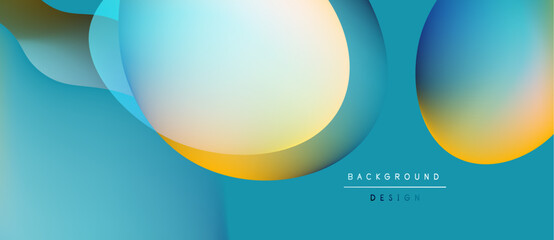 Abstract background features overlapping circles, gradients. Teal, yellow hues create modern design. Minimalist aesthetic, smooth transitions present.