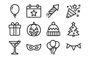 Holiday celebration party outline icon set. Festive seasonal symbols for Christmas, Halloween, New Year. Vector line art collection with gift, balloon, pumpkin, tree, mask.