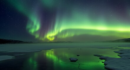 Naklejka premium Spectacular aurora borealis display over a partially frozen lake, reflecting vibrant green and purple lights in the water under a dark night sky.
