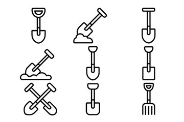 Vector shovel line icon set. Spade, pitchfork, digging in ground outline signs. Garden and construction work tool symbols for graphic and web design, apps, adverts, cards.