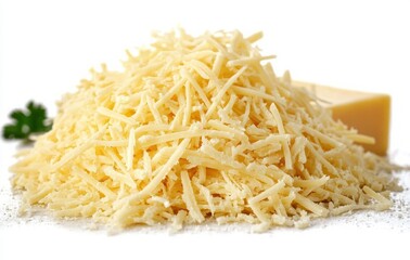 Fototapeta premium Close-up of a pile of finely shredded pale yellow cheese with a small cheese block and green herb in the background on a white surface
