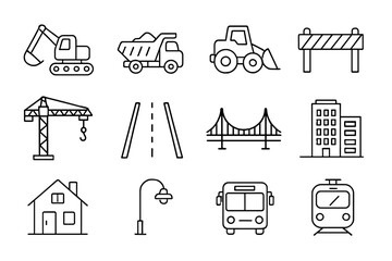 Infrastructure line icon set. Construction, transport, and urban development icons. Vector cartoon symbols for city building, engineering, and public transportation services.