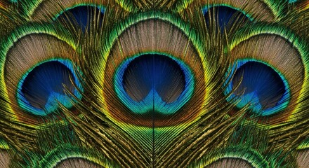 Obraz premium Stunning close-up of iridescent peacock feather eyes showcasing vibrant blues, greens, and golds with intricate detail, perfect for elegant designs.