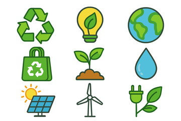 Eco friendly icon set. Green energy and sustainability concept. Recycle symbol, solar panel, wind turbine, planet earth, water drop, plant sprout. Vector flat design illustration.