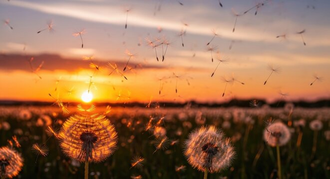 Dandelions in a field at sunset, with a blurred background of a colorful sky. - Powered by Adobe
