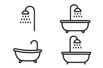 Bathroom line icon set. Shower head and bathtub vector symbols. Outline pictogram concept for hygiene, sanitary, plumbing. Simple graphic element for web, app, infographics.