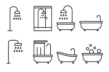 Shower and bathtub line icon set. Bathroom fixtures and furniture. Outline pictogram collection for web design, apps, and infographics. Vector symbols for hygiene, washing, and personal care.