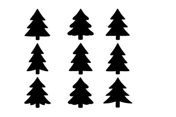 Christmas tree silhouette icons set. Vector collection of pine, fir, and xmas tree symbols. Simple black cartoon forest elements for holiday winter design and decoration.