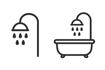 Shower and bathtub simple line icon set. Bathroom symbols for hygiene, washing, and personal care. Modern outline vector illustration for web and app design. Water pictogram.
