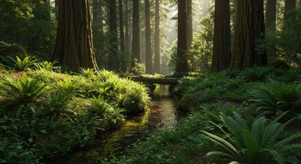 Serene Redwood Forest Stream with Sunlight Rays