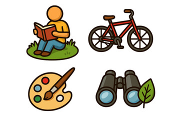 Set of hobby and outdoor activity icons. Person reading a book, bicycle for biking, art palette for painting, and binoculars for nature exploration. Leisure pastime vector symbols.