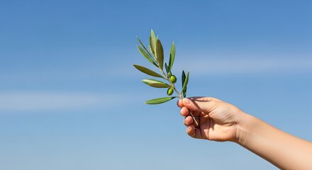A hand holding an olive branch against a clear blue sky.