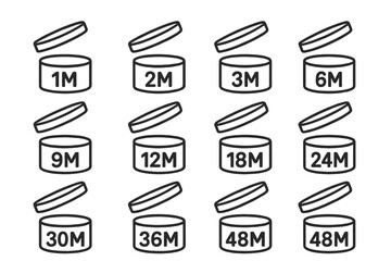 PAO period after opening vector icon set. Expiration date signs for cosmetic packaging. 1m, 6m, 12m, 24m, 36m shelf life symbol. Open jar label logo. Isolated stock illustration.