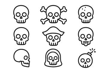 Skull thin line icon set. Outline signs for graphic and web design. Vector cartoon symbols. Pirate, crossbones, Jolly Roger, bomb, death, danger and grim reaper concepts.