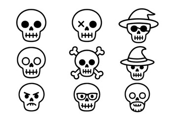 Skull thin line icon set. Vector collection of outline skeleton heads. Cartoon characters for Halloween. Pirate jolly roger, witch hat, angry and geek emotion symbols.
