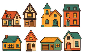 House collection vector icon set. Simple cute cartoon homes and buildings. Real estate architecture design element. Various colorful flat illustration of diverse residential houses.