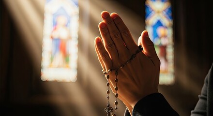 A person's hand holding a rosary in a church setting with stained glass windows.