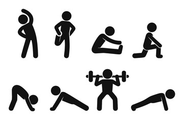 Stick figure exercise icon set. Pictogram of fitness workout poses for stretching and strengthening. Man doing yoga, weightlifting, and warm-up routine. Vector silhouette.