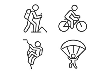 Outdoor activities line icon set. Hiking, biking, rock climbing, parachuting. Extreme sports linear icons collection. Vector graphic symbols for adventure and active lifestyle.