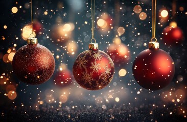 Three red Christmas ornaments hanging with blurred glowing lights and falling snowflakes creating a festive and warm holiday atmosphere