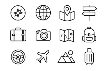 Travel icon set vector line art. Journey and vacation symbols for tourism. Compass, map, plane, globe, luggage, camera for adventure. Outline pictograms for web and mobile UI.