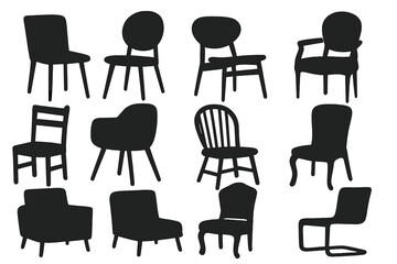 Big set of chair silhouettes. Vector collection of modern, classic, and retro furniture. Armchair, dining chair, and office seat icons for interior design. Isolated black illustrations.