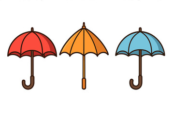 Set of three colorful umbrellas. Vector cartoon illustration icon for graphic design. Red, orange, blue parasol symbol for weather, rain protection. Bumbershoot collection.