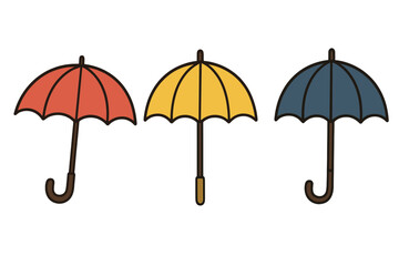 Colorful umbrella icon set. Red, yellow, blue parasol vector graphics. Cartoon illustration symbol for rain, weather, protection. Simple flat design element for autumn season.