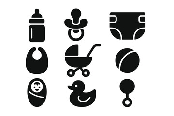 Baby icons vector set silhouette. Newborn essentials collection. Childcare, parenthood concept. Bottle, pacifier, diaper, bib, stroller, rattle, duck, ball. Baby shower design elements.