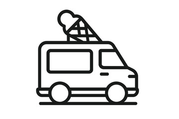 Obraz premium Ice cream truck icon. Food truck, sweet dessert delivery van pictogram. Summer food concept. Minimalistic line art vector for web, apps, logo, graphic design. Mobile food cart.