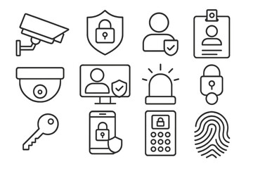 Security and access control line icon set. Protection, monitoring, and authentication symbols. Vector icons for safety, cctv, biometrics, id badge, and digital access.