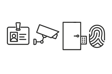 Security and access control line icon set. Vector icons for identification, surveillance camera, door entry, and biometric fingerprint scanner. Safety and technology concepts.