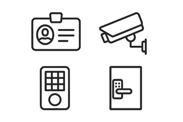 Security and access control line icon set. Vector icons for identification, surveillance, and door entry. Includes ID badge, CCTV camera, keypad, and smart lock symbols.