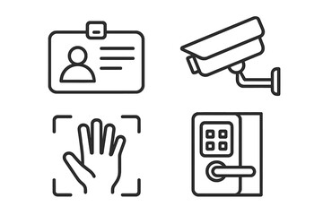 Security access control line icon set. Identification badge, video surveillance cctv camera, biometric palm scan, electronic door lock. Vector symbols for safety system.