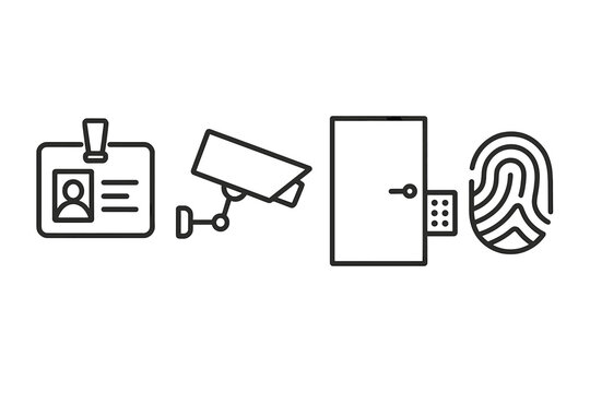 Security and access control line icon set. Vector icons for identification, surveillance camera, door entry, and biometric fingerprint scanner. Safety and technology concepts.