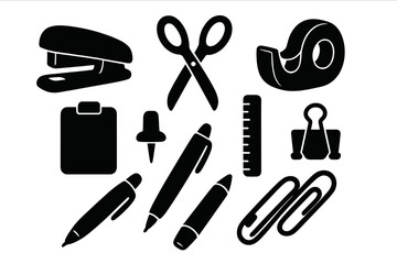 Fototapeta premium Office supplies icon set silhouette. School stationery elements. Business tools concept. Stapler, scissors, tape, pen, ruler, paperclip, binder clip, pushpin vector icons.