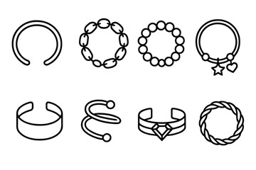 Fototapeta premium Jewelry icon set. Vector line icons of bracelets, cuffs, and armlets. Fashion accessory collection. Outline pictograms of chain, bead, charm, and gemstone bangles for design.