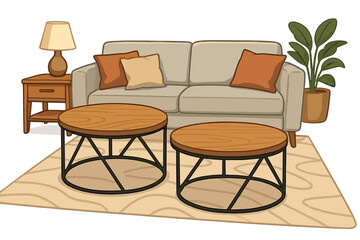 Modern living room interior design vector illustration. Cozy home decor scene with sofa, coffee tables, and plant. Furniture set for a stylish apartment. Cartoon background.