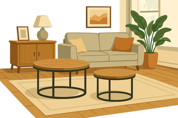 Modern living room interior design concept. Cozy home scene with contemporary furniture, sofa, coffee tables, and houseplant. Flat cartoon vector background illustration. Hygge style.